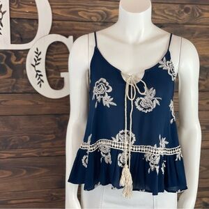 Altar’d State |‎ Floral Embroidered Peplum Cami Tie Front Tassels Crochet Trim